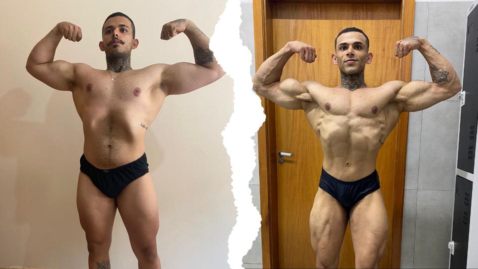 Aluno de frente em pose de duplo bíceps, antes e depois