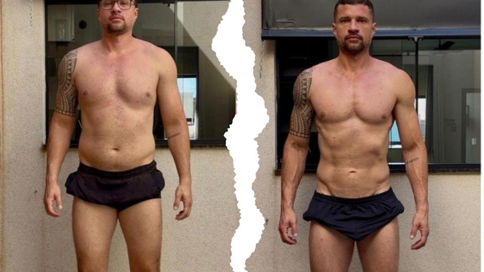 Aluno de frente, antes e depois, com menos gordura e mais definição