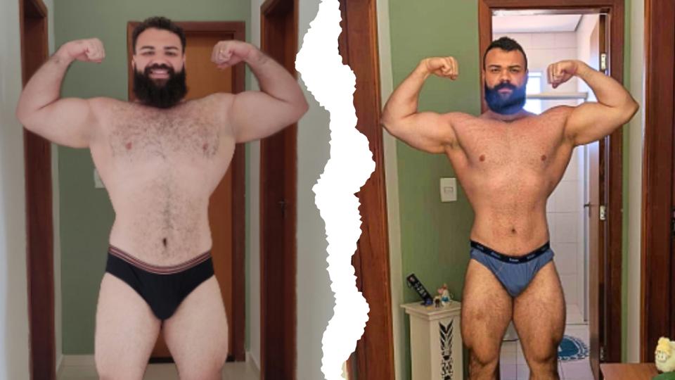 Aluno de barba em duplo bíceps, antes e depois