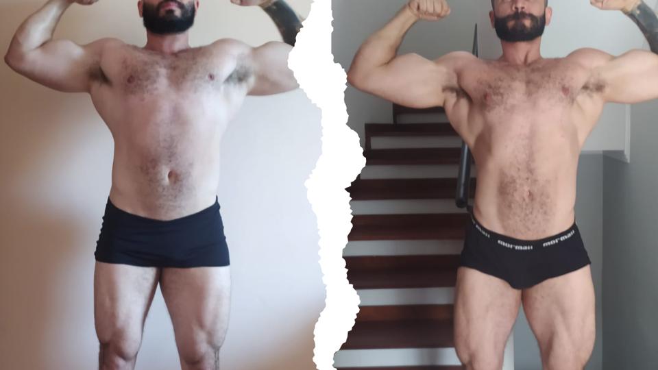 Aluno de barba em duplo bíceps, antes e depois, com mais volume