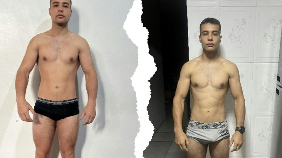 Aluno jovem de frente, antes e depois