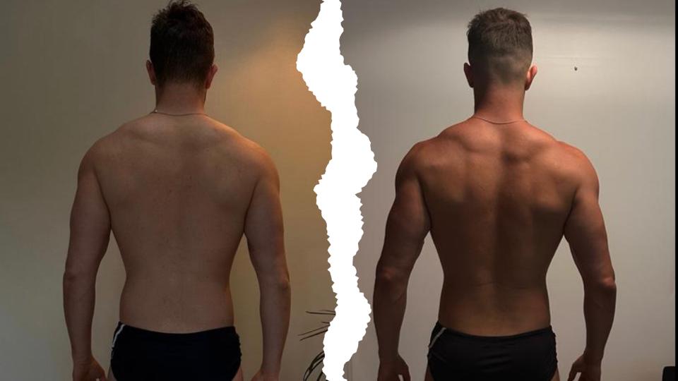 Aluno de costas, antes e depois, com dorsais mais largas