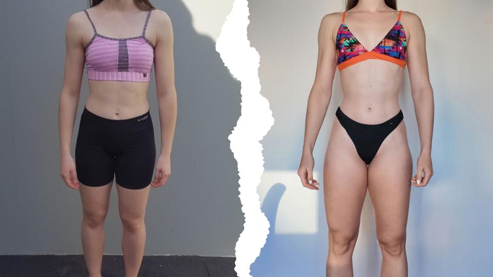 Aluna de frente, antes e depois