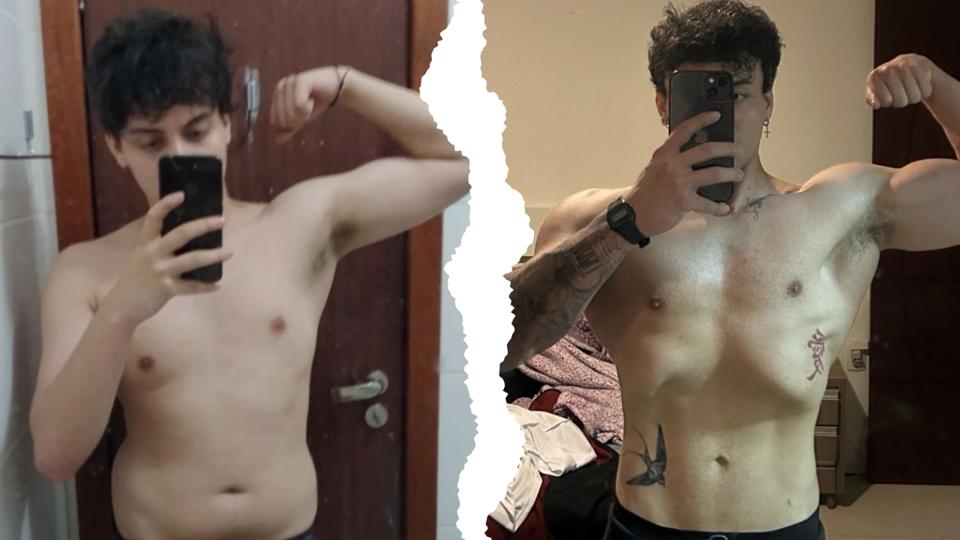 Aluno em foto no espelho, antes e depois